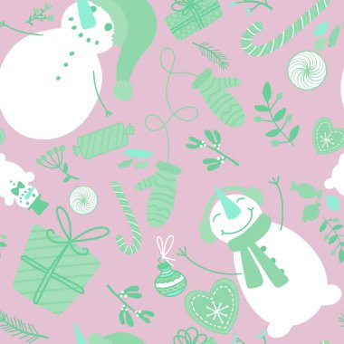 Noel kardan adamı, dikişsiz şeker, çiçek hediye kutusu ve eldiven desenli ambalaj kağıdı, kumaş, yeni yıl paketi, şenlikli aksesuarlar ve Noel. Yüksek kaliteli illüstrasyon