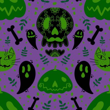 Cadılar Bayramı balkabakları, kusursuz hayaletler, kemikler ve kedi desenleri kağıt, çarşaf, kumaş, çocuk giysileri ve sonbahar aksesuarları. Yüksek kaliteli illüstrasyon