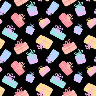 Paket kağıdı, kumaş, çarşaf, çocuk giysisi baskısı ve parti aksesuarları için mükemmel bir hediye kutusu deseni. Yüksek kaliteli illüstrasyon