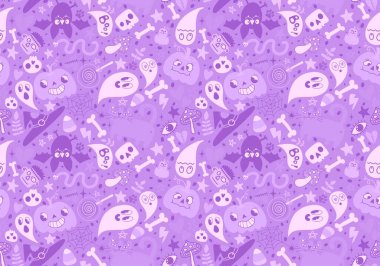 Çizgi film cadılar bayramı süssüz balkabakları, kafatasları, hayalet ve kedi desenli ambalaj kağıtları, kumaşlar, çarşaflar, çocuk giysileri baskıları ve sonbahar aksesuarları. Yüksek kaliteli illüstrasyon