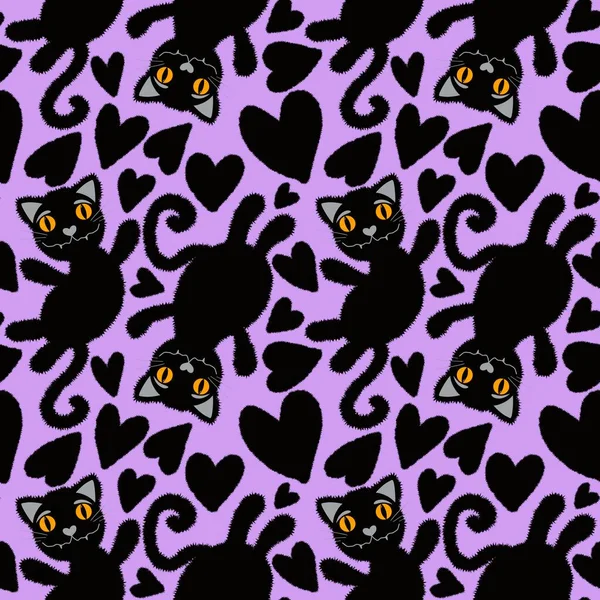 Хеллоуїн Мультфільм Чорні Кішки Безшовні Тварини Пухнасті Монстри Візерунок Обгортання — стокове фото