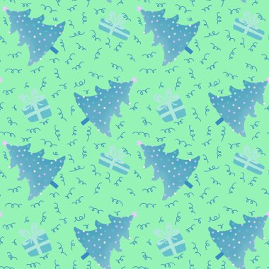 Noel ağacı, ambalaj kağıdı ve yeni yıl hediye kutusu kumaşları ve çarşaflar ve çocuk giysileri baskısı ve ambalajı için kusursuz şenlik baloları deseni. Yüksek kaliteli illüstrasyon