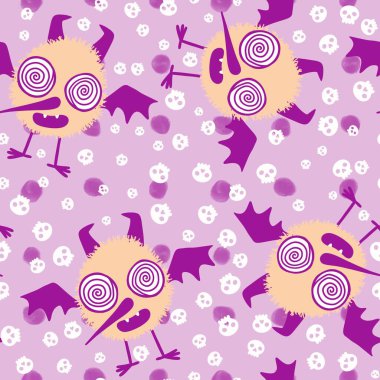 Cadılar Bayramı canavarları kuşları, duvar kâğıtları, kumaşlar, çarşaflar, paket kağıtları, çocuk giysileri baskıları ve şenlikli ambalajlar için kusursuz vampir desenli çizgi filmlerdir. Yüksek kaliteli illüstrasyon