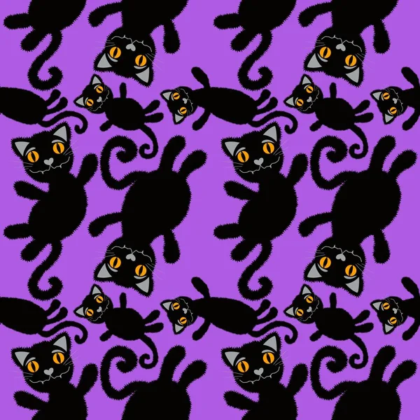 Хэллоуин Мультфильм Черные Кошки Бесшовные Животные Пушистые Монстры Шаблон Упаковки — стоковое фото