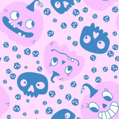 Balkabağı çizgi filmi Cadılar Bayramı 'nda kağıt, kumaş, çarşaf, çocuk giysisi baskısı, şenlik ambalajı ve sonbahar aksesuarları için kusursuz kafatası desenleri. Yüksek kaliteli illüstrasyon