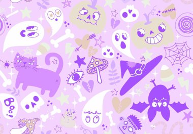 Çizgi film cadılar bayramı süssüz balkabakları, kafatasları, hayalet ve kedi desenli ambalaj kağıtları, kumaşlar, çarşaflar, çocuk giysileri baskıları ve sonbahar aksesuarları. Yüksek kaliteli illüstrasyon
