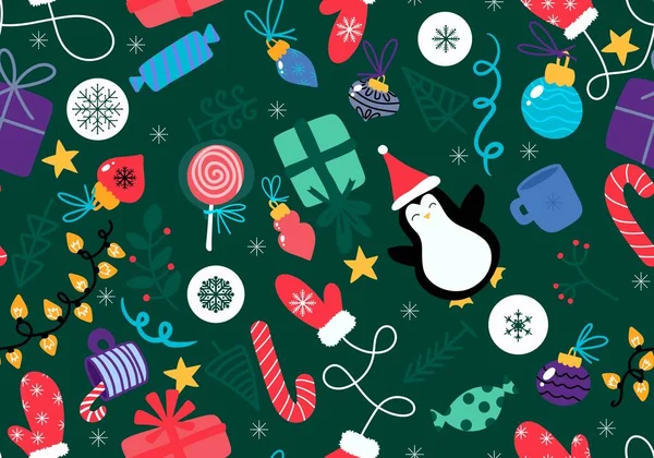 Boże Narodzenie Kreskówka Pingwin Bez Szwu Prezenty Cukierki Kulki Wzór — Zdjęcie stockowe