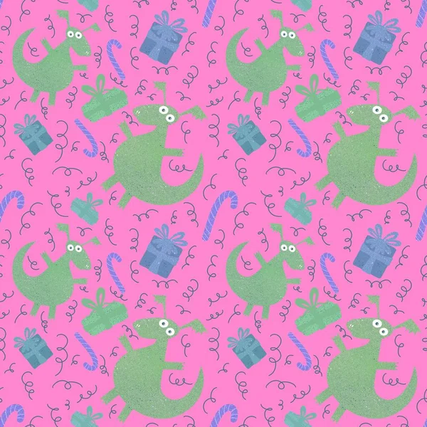 Cartoon Dinosaur Monsters Seamless Dragon Pattern Wrapping Paper Christmas Gift — Photo