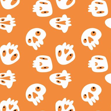 Çizgi film cadılar bayramında kağıt, çarşaf, kumaş, çocuk giysisi baskısı, şenlik aksesuarları ve parti ambalajları için kusursuz kafatası desenleri. Yüksek kalite fotoğraf