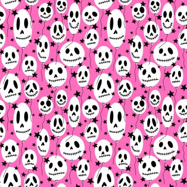 Cadılar Bayramı kafatasları, kağıt, kumaş, çarşaf, çocuk giysisi baskısı, sonbahar aksesuarları ve ambalaj için kusursuz şenlik balonları deseni. Yüksek kaliteli illüstrasyon