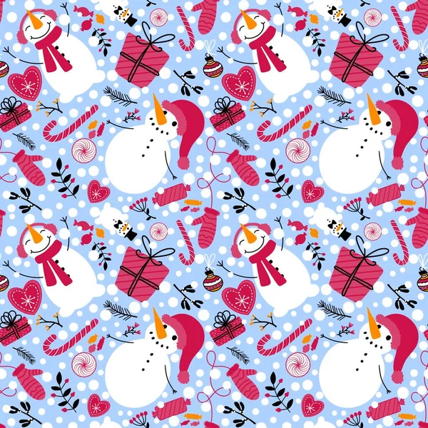 Weihnachten Schneemann Nahtlose Süßigkeiten Und Blumen Und Geschenkschachtel Und Handschuhe — Stockfoto