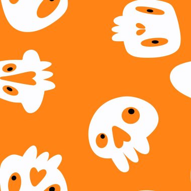 Çizgi film cadılar bayramında kağıt, çarşaf, kumaş, çocuk giysisi baskısı, şenlik aksesuarları ve parti ambalajları için kusursuz kafatası desenleri. Yüksek kalite fotoğraf