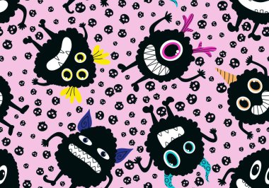 Cartoon monsters seamless emoticons aliens pattern for kids clothes print and wrapping paper and fabrics and linens and kindergarten. High quality illustration