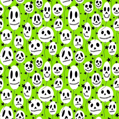 Cadılar Bayramı kafatasları, kağıt, kumaş, çarşaf, çocuk giysisi baskısı, sonbahar aksesuarları ve ambalaj için kusursuz şenlik balonları deseni. Yüksek kaliteli illüstrasyon