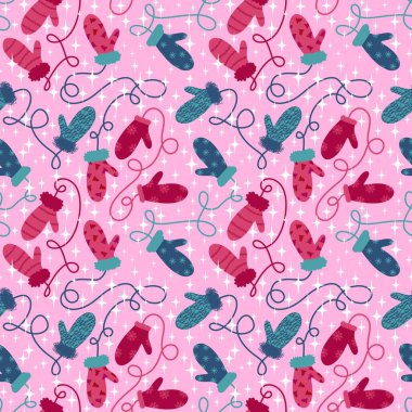 Kış eldivenleri kar taneleri desenli kağıt, kumaş, çarşaf ve çocuk giysileri baskısı ve yeni yıl ambalajı ve aksesuarları. Yüksek kaliteli illüstrasyon