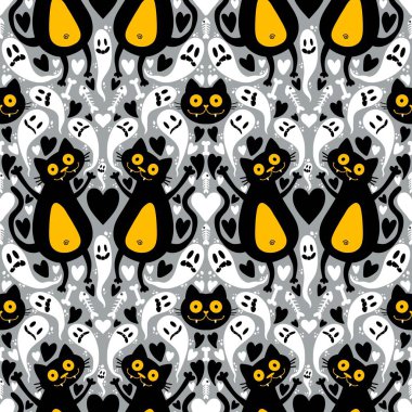 Çizgi filmlerdeki hayvanlar kusursuz cadılar bayramı kedileri ve hayalet desenli ambalaj kağıtları, kumaşlar ve çocuk kıyafetleri baskısı ve şenlikli ambalajlar ve aksesuarlar. Yüksek kaliteli illüstrasyon