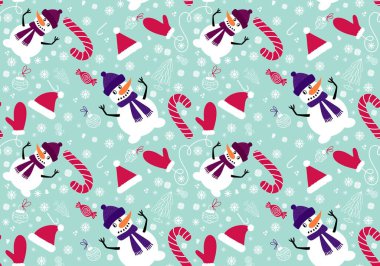 Yeni yıl aksesuarları, ambalaj kağıtları ve çocuk giysileri baskısı, şenlik giysileri, çarşaflar ve hediye paketleri için kusursuz bir Noel deseni. Yüksek kaliteli illüstrasyon