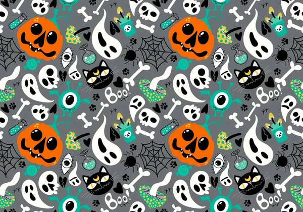 Calabazas Dibujos Animados Halloween Huesos Sin Costuras Gato Fantasma Setas —  Fotos de Stock