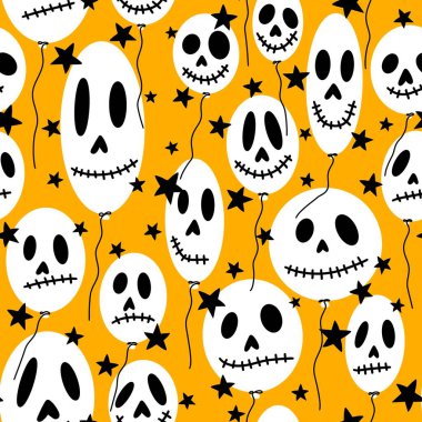 Cadılar Bayramı kafatasları, kağıt, kumaş, çarşaf, çocuk giysisi baskısı, sonbahar aksesuarları ve ambalaj için kusursuz şenlik balonları deseni. Yüksek kaliteli illüstrasyon