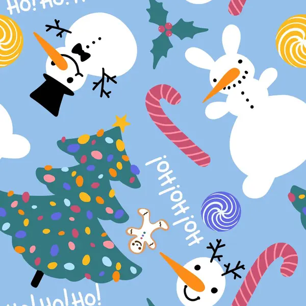 Cartoon Nový Rok Bezešvé Vánoční Stromeček Sněhulák Cukroví Jmelí Vzor — Stock fotografie