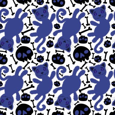 Cadılar Bayramı çizgi filminde siyah kediler, kağıt, kumaş, çarşaf, çocuk giysisi baskısı ve şenlikli ambalaj için kusursuz hayvan desenleri. Yüksek kaliteli illüstrasyon