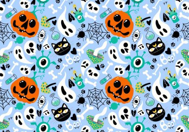 Cadılar Bayramı balkabakları, kedisiz kediler, hayaletler, mantarlar, ambalaj kağıtları, kumaşlar ve çocuk giysileri baskıları ve ambalajları için zehir örnekleri. Yüksek kaliteli illüstrasyon