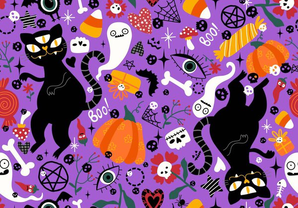 Cartoon animals monsters seamless Halloween cats and ghost pattern for wrapping paper and fabrics and kids clothes print and festive packaging and accessories . High quality illustration