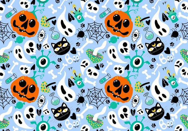 Calabazas Dibujos Animados Halloween Huesos Sin Costuras Gato Fantasma Setas — Foto de Stock
