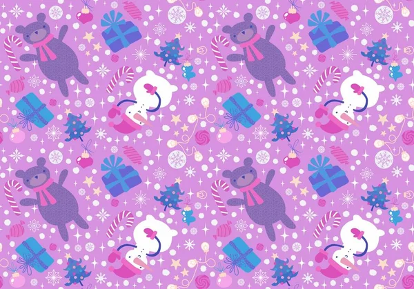 Weihnachten Cartoon Nahtlose Bären Und Schneemann Und Geschenkschachtel Und Süßigkeiten — Stockfoto