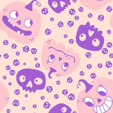 Balkabağı çizgi filmi Cadılar Bayramı 'nda kağıt, kumaş, çarşaf, çocuk giysisi baskısı, şenlik ambalajı ve sonbahar aksesuarları için kusursuz kafatası desenleri. Yüksek kaliteli illüstrasyon