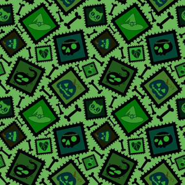 Posta pulları karikatürsüz cadılar bayramı balkabakları, hayalet, zehir ve kedi desenli ambalaj kağıtları, kumaşlar, çocuk giysileri baskıları ve şenlikli ambalajlar. Yüksek kaliteli illüstrasyon