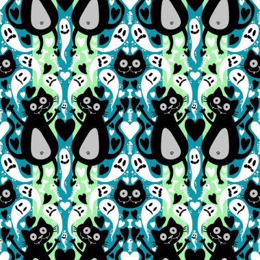 Çizgi filmlerdeki hayvanlar kusursuz cadılar bayramı kedileri ve hayalet desenli ambalaj kağıtları, kumaşlar ve çocuk kıyafetleri baskısı ve şenlikli ambalajlar ve aksesuarlar. Yüksek kaliteli illüstrasyon