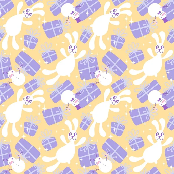 Cartoon Animals Rabbit Seamless Christmas Bunnies Pattern Wrapping Paper Fabrics — Stock Photo, Image