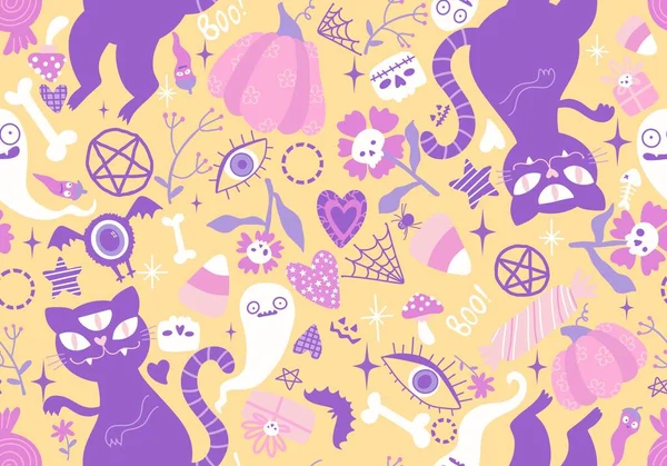 Tecknad Djur Monster Sömlösa Halloween Katter Och Spöke Mönster För — Stockfoto