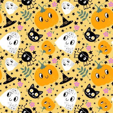 Çizgi film cadılar bayramı balkabakları ve örtü kağıtları ve kumaşlar için hayalet deseni ve çocuk giysileri baskısı ve şenlikli ambalaj ve aksesuarlar. Yüksek kaliteli illüstrasyon