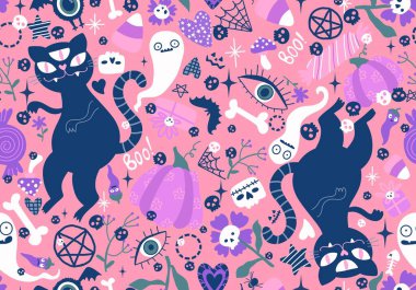 Çizgi filmlerdeki hayvanlar kusursuz cadılar bayramı kedileri ve hayalet desenli ambalaj kağıtları, kumaşlar ve çocuk kıyafetleri baskısı ve şenlikli ambalajlar ve aksesuarlar. Yüksek kaliteli illüstrasyon