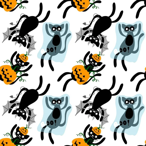 Gatti Dei Cartoni Animati Halloween Zucche Senza Cuciture Fantasma Mostri — Foto Stock