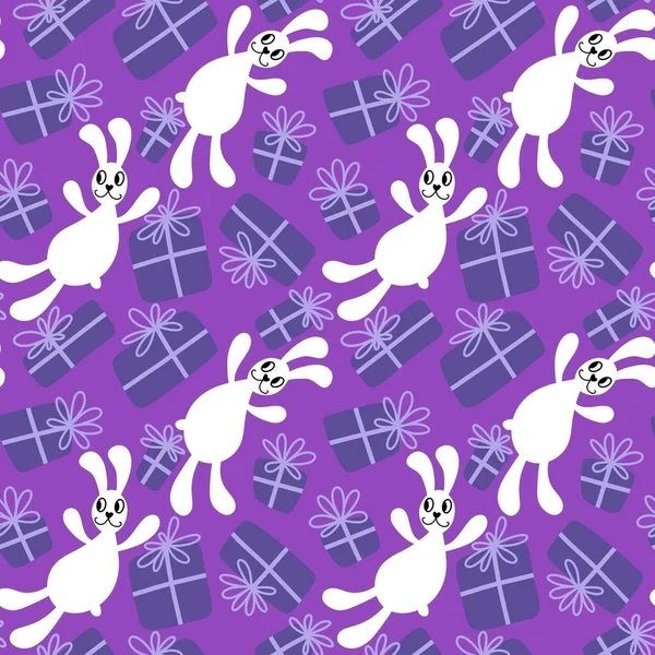 Cartoon Animals Rabbit Seamless Bunnies Birthday Gift Box Pattern Wrapping — Stock Photo, Image