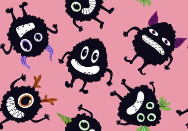 Cartoon monsters seamless emoticons aliens pattern for kids clothes print and wrapping paper and fabrics and linens and kindergarten. High quality illustration