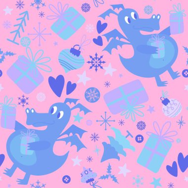 Yeni yıl ejderhaları, Noel dinozor desenli ambalajsız ambalajsız Noel dinozor desenleri ve çocuk kıyafetleri baskısı, şenlikli ambalajlar, kumaşlar ve Noel aksesuarları. Yüksek kaliteli illüstrasyon