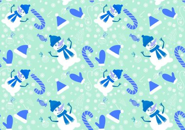 Yeni yıl aksesuarları, ambalaj kağıtları ve çocuk giysileri baskısı, şenlik giysileri, çarşaflar ve hediye paketleri için kusursuz bir Noel deseni. Yüksek kaliteli illüstrasyon