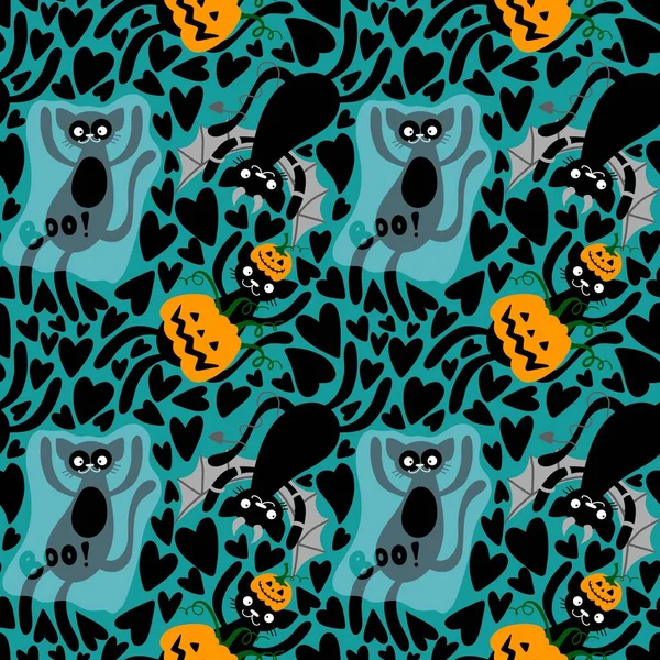 Хэллоуинские Мультяшные Кошки Бесшовные Тыквы Призраки Монстры Вампирский Узор Тканей — стоковое фото