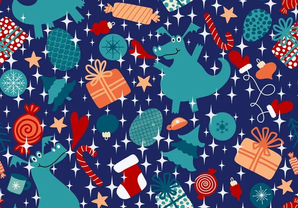 Cartoon dinosaur monsters seamless dragon pattern for wrapping paper and Christmas gift box and kids clothes print and festive packaging and linens and fabrics. High quality illustration