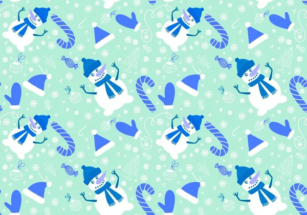Cartoon Snowman Seamless Christmas Pattern New Year Accessories Wrapping Paper — Stock Photo, Image