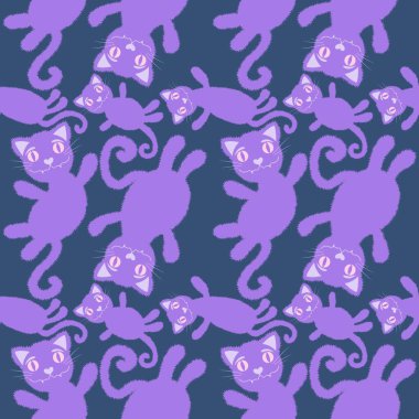 Cadılar Bayramı çizgi filminde siyah kediler, kağıt, kumaş, çarşaf, çocuk giysisi baskısı ve şenlikli ambalaj için kusursuz hayvan desenleri. Yüksek kaliteli illüstrasyon