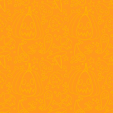 Cadılar Bayramı çizgi filmleri, balkabakları, cadı şapkaları, kumaşlar, çocuk giysileri baskısı, şenlikli ambalajlar ve sonbahar aksesuarları için hayalet desenleri. Yüksek kaliteli illüstrasyon