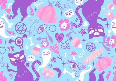 Çizgi filmlerdeki hayvanlar kusursuz cadılar bayramı kedileri ve hayalet desenli ambalaj kağıtları, kumaşlar ve çocuk kıyafetleri baskısı ve şenlikli ambalajlar ve aksesuarlar. Yüksek kaliteli illüstrasyon