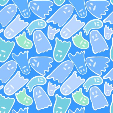 Cadılar Bayramı hayaletleri kağıt, kumaş, çarşaf ve çocuk giysileri baskısı, ambalaj ve şenlikli aksesuarlar için kusursuz çizgi film desenleri. Yüksek kaliteli illüstrasyon