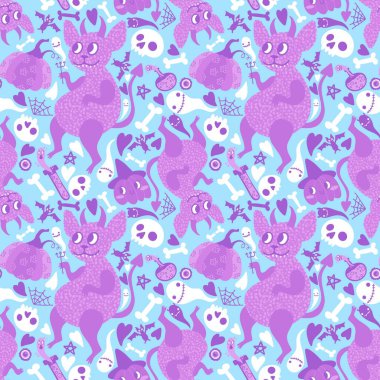 Çizgi film cadılar bayramı canavarları kusursuz şeytanlar, balkabakları ve hayalet hayvan kafatası desenleri kağıt, kumaş, kıyafet baskısı ve şenlikli aksesuarlar. Yüksek kaliteli illüstrasyon