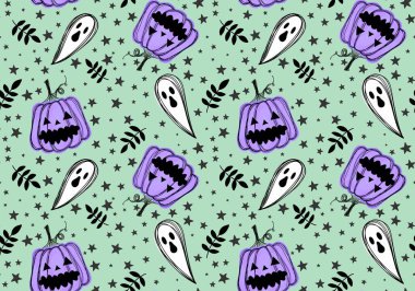 Sonbahar çizgi filmi, sebze hasadı, dikişsiz Cadılar Bayramı balkabağı, ambalaj kağıdı, kumaş, çocuk giysisi baskısı ve şenlikli paketleme için hayalet deseni. Yüksek kaliteli illüstrasyon